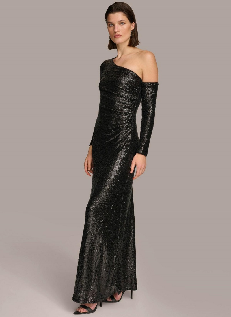 Saty Donna Karan One Shoulder Sequin Čierne | SK_DK80537